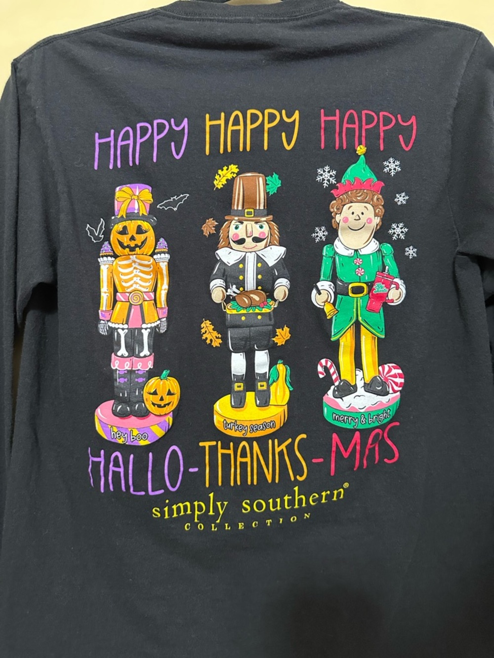 Simply Southern Happy Hallo-Thanks-Mas Long Sleeve Nutcracker Tee Women S Black - Picture 4 of 8
